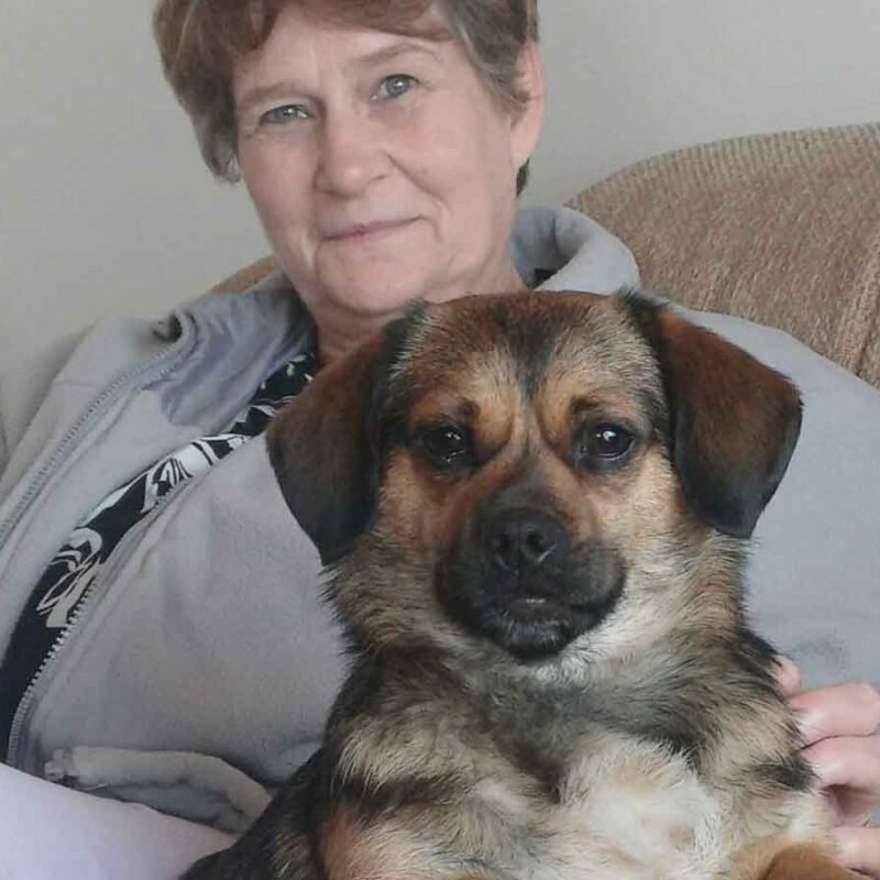 A happy new owner in her forever home, the focus of this Pekehund adoption story