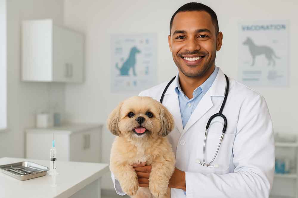 A happy puppy receiving care before its first vaccinations as part of a healthy puppy schedule.