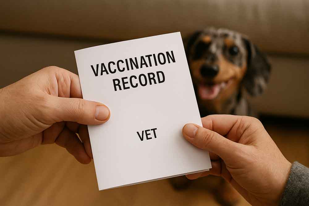  A compassionate, realistic photo of a person handing a vet card with vaccination records to another person, symbolizing a responsible home-to-home dog adoption.