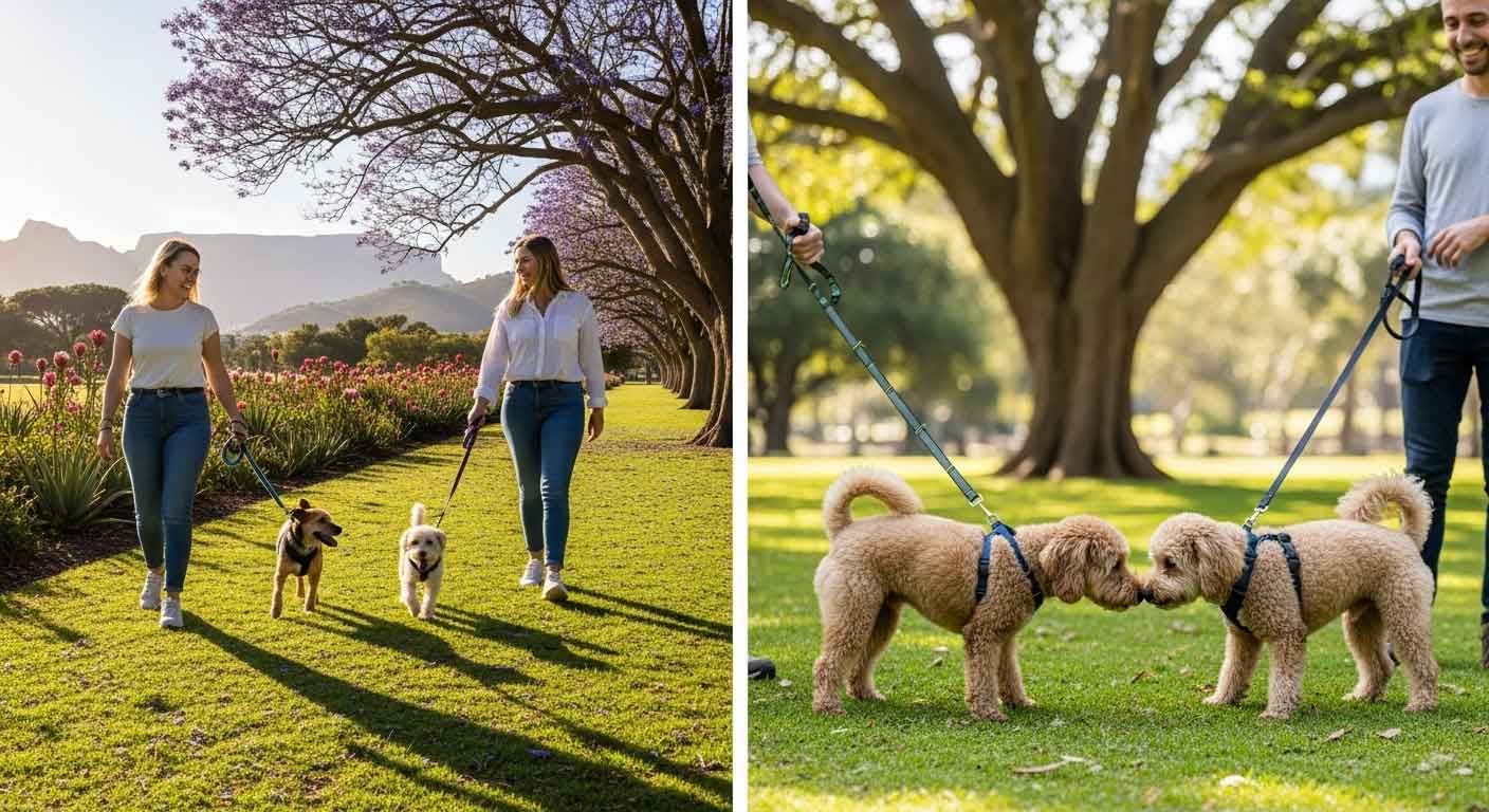 A collage showing the key steps for how to introduce a new dog to a resident dog: the parallel walk and a calm first sniff.