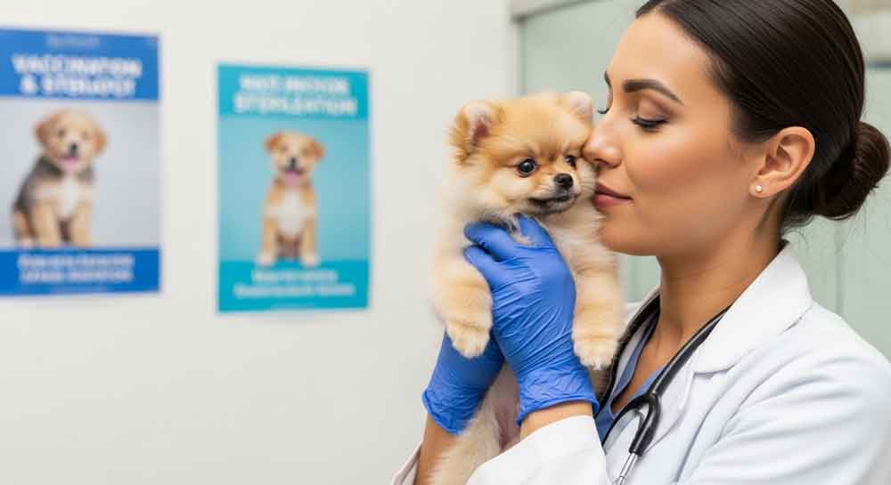A veterinarian discussing dog sterilization in South Africa, with vaccination posters in the background.