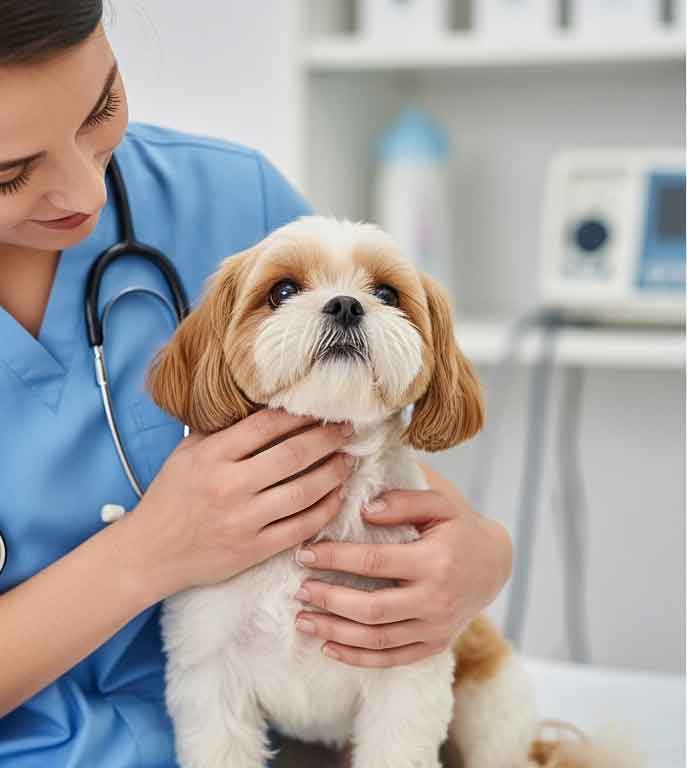 A female dog receiving a gentle health check-up before her spaying procedure.