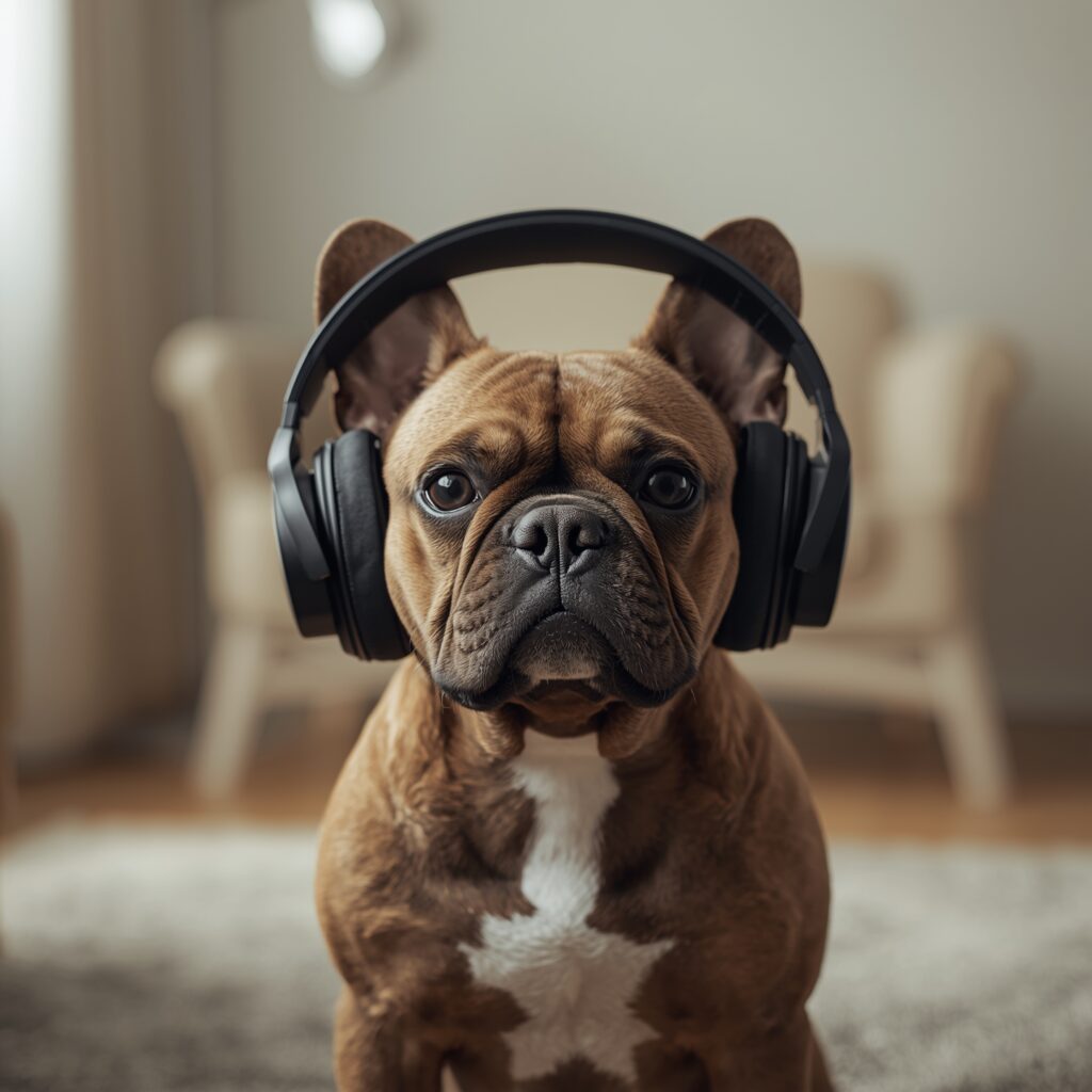 A dog wearing headphones, representing the audio guide for a calm meet and greet.
