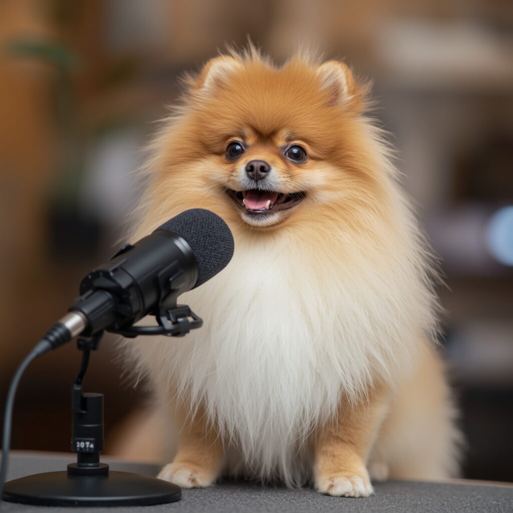A dog at a microphone, representing the audio guide on how to introduce a new dog.
