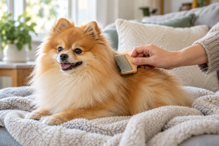 Rehome a Toy Pomeranian in South Africa 2 Toy Pomeranian receiving gentle brushing during coat care